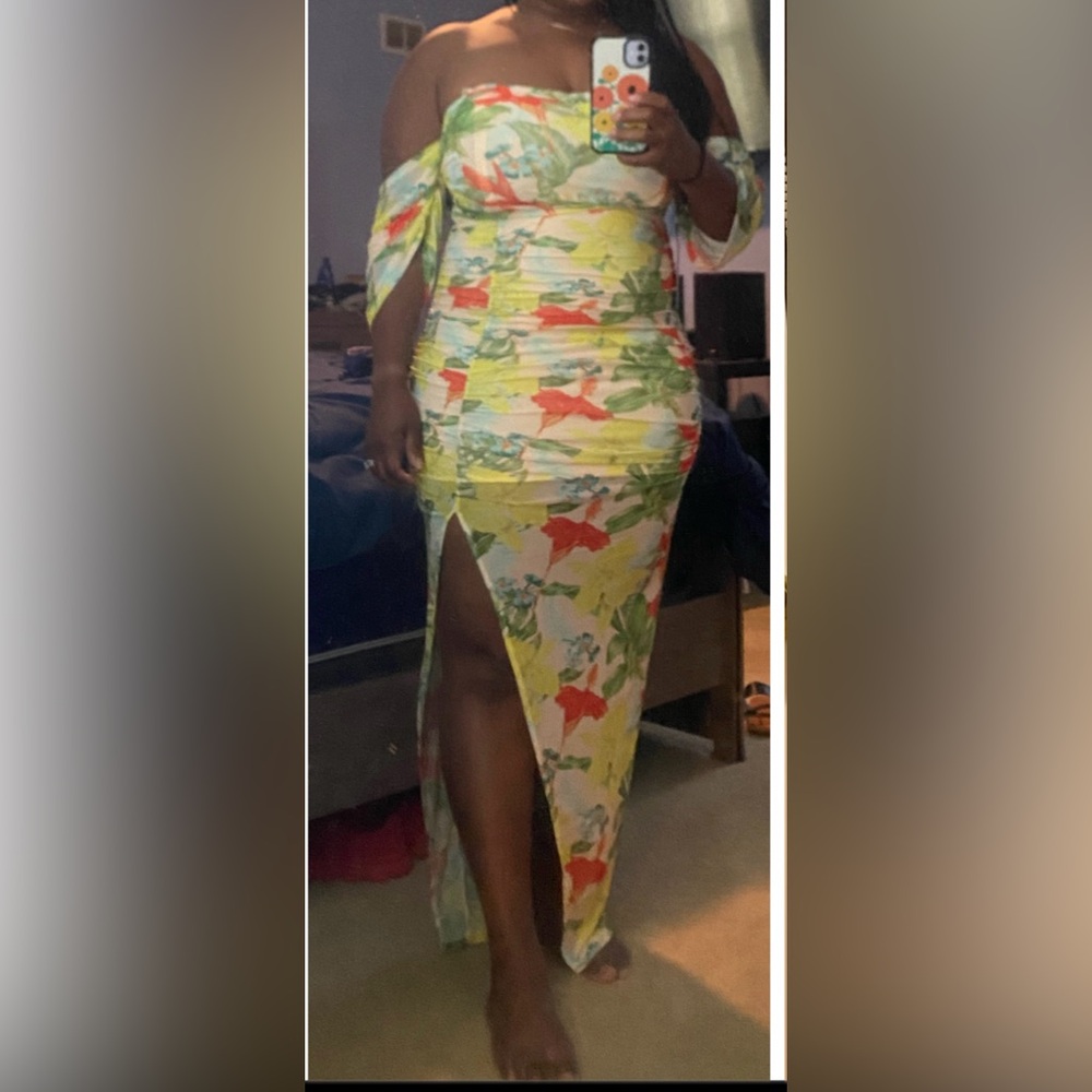 bebe One Shoulder Yellow Multi-Color Mesh Dress